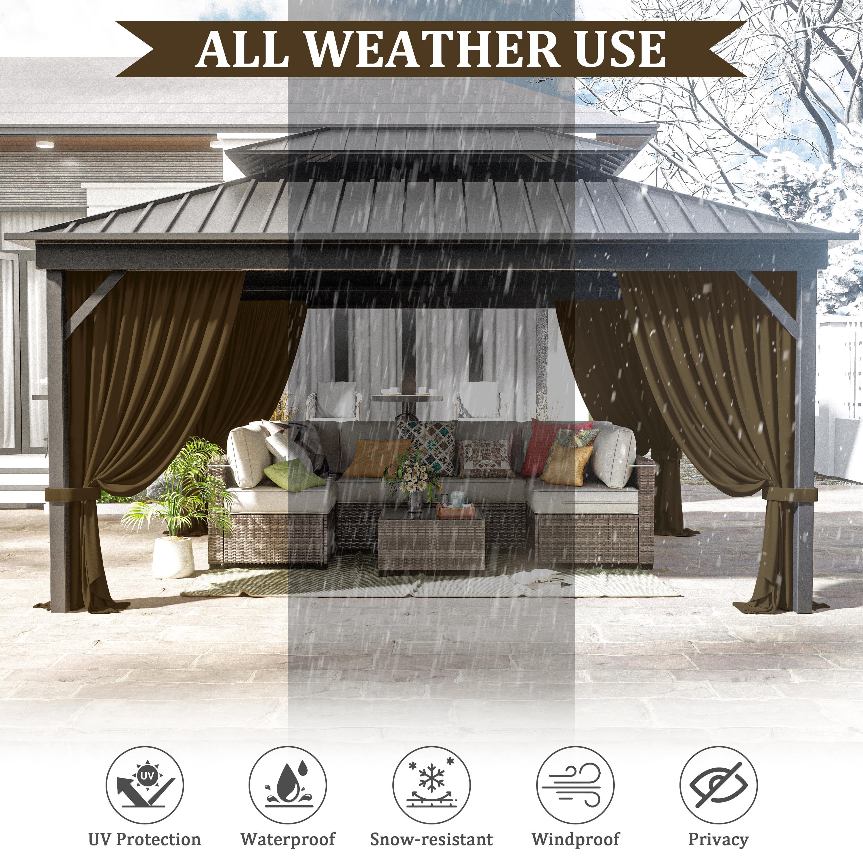 Pakunoda 10' X 6.5' Gazebo Universal Replacement Privacy 4-Panel Curtains, Waterproof Outdoor Curtains Chococlate Sidewall with Zipper for Patio Garden Backyard 10' X 10' Gazebo, Curtain Only
