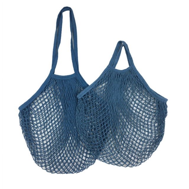 2Pcs Net Cotton String Shopping Bag, Reusable Mesh Market Tote Organizer for Grocery Shopper Produce Storage Beach Toys Fruit Vegetable - Less Plastic(Long Handle, Short Handle)