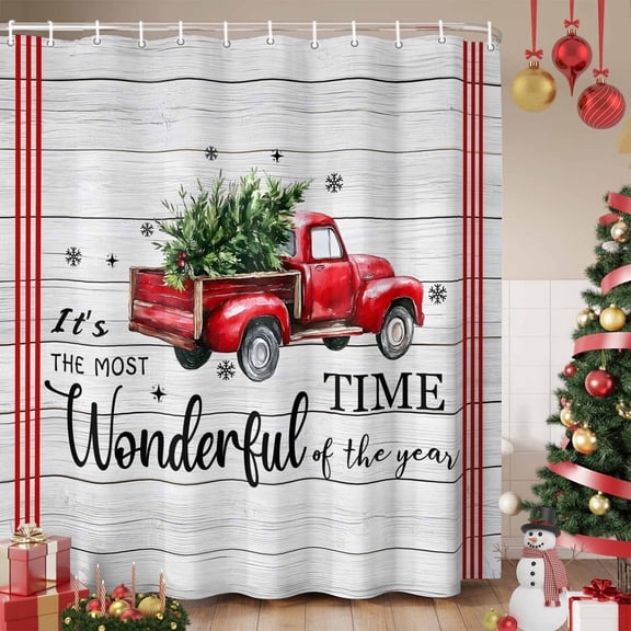 Christmas Shower Curtain, Xmas Truck Tree Snowflake Red Striped Retro Waterproof Fabric Shower Curtains with 12 Hooks, Bathroom Curtain Set for Bathroom Accessories Decor, 36 x 78 Inches