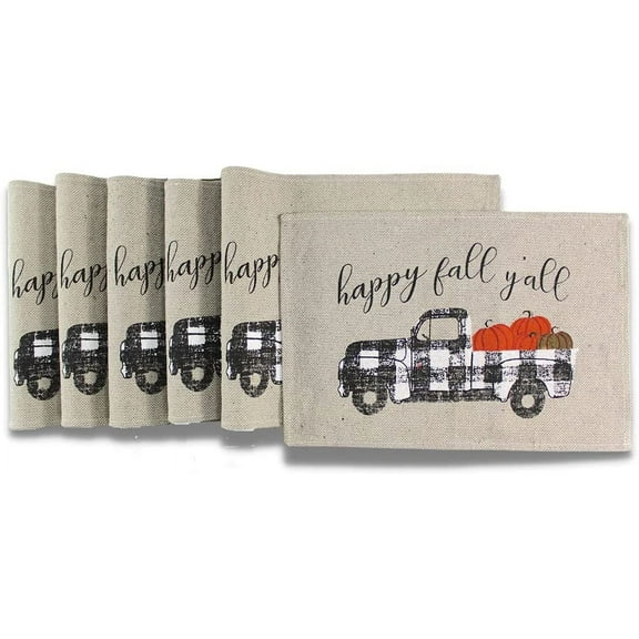 Serafina Home Farmhouse Black White Check Truck Placemats, Set of Six (6) Distressed Print on Faux Burlap Fabric, for Holiday's, Thanksgiving, Autumn and Fall