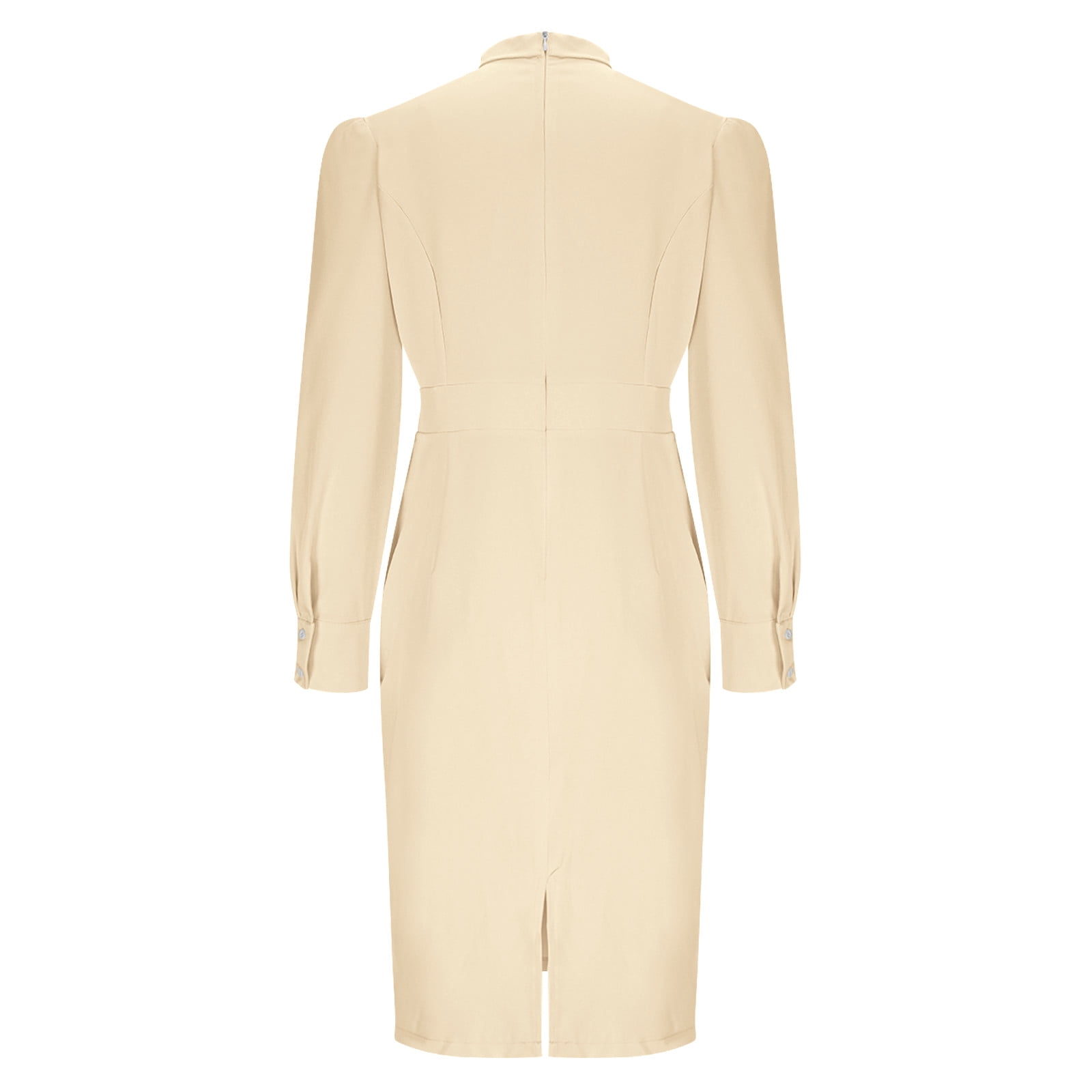JGGSPWM Women's Elegant Business Dress Solid Color Long Sleeve Round Neck Casual Knee Length Bodycon Pencil Dress Beige L