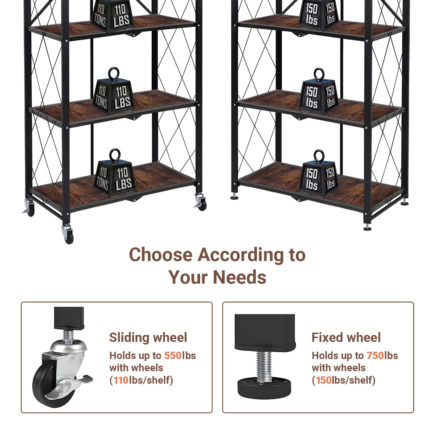 COOKCOK 5-Tier Storage Shelving Unit, Folding Bookshelf, Metal Shelf 27.9"x13.4"x62.5, Foldable Storage Shelf with Wheels, Garage Shelf, Kitchen Shelf, No Assemble Require, Black
