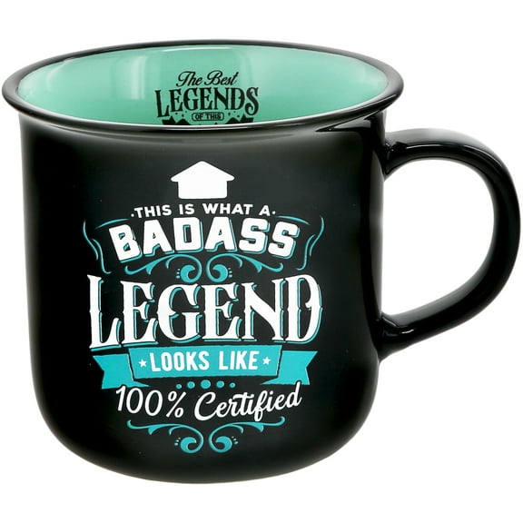 Pavilion Gift Company - Badass Legend - Ceramic 13-ounce Campfire Mug, Double Sided Coffee Cup, Sarcastic Coffee Mug, Sassy Gifts For Women, 1 Count (Pack of 1), 3.75” x 5” x 3.5”, Black/Teal