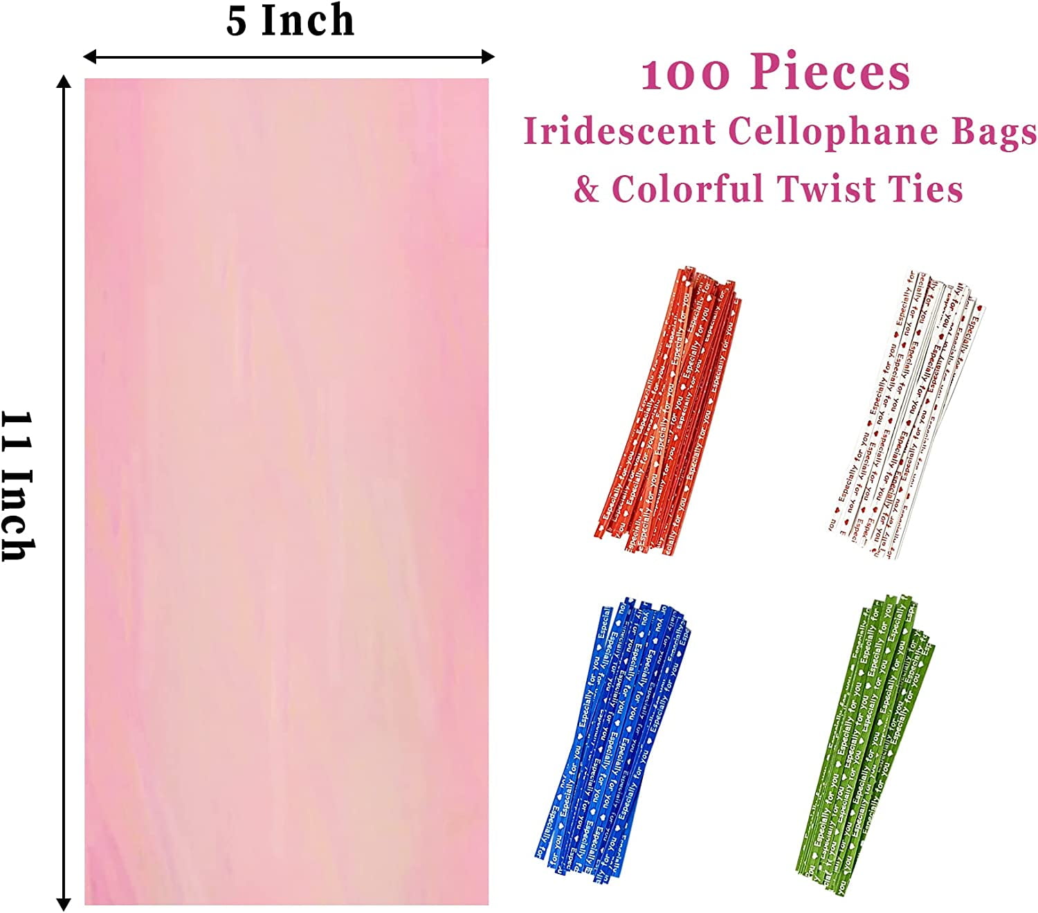 Yotelab Iridescent Holographic Cellophane Treat Bags, 5x11 Inches, Party Favors with Twist Ties, 100 Pieces