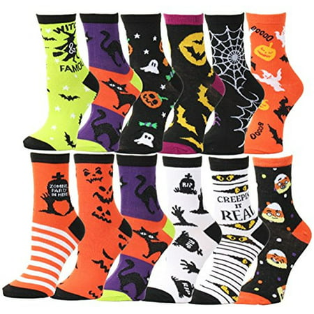 12 Pair,Happy Halloween Socks, 12 Different Designs, Halloween Gift,Women Size (Knee High Socks, 9-11)