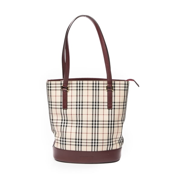 Pre-Owned Burberry Beige/Burgundy Small Bucket Zip Tote Shoulder Bag Nova Check Canvas