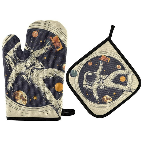 Yayeee Oven Mitts and Pot Holder Set of 2 Heat Resistant Kitchen Gloves Baking Hot Pad, Astronaut Floating