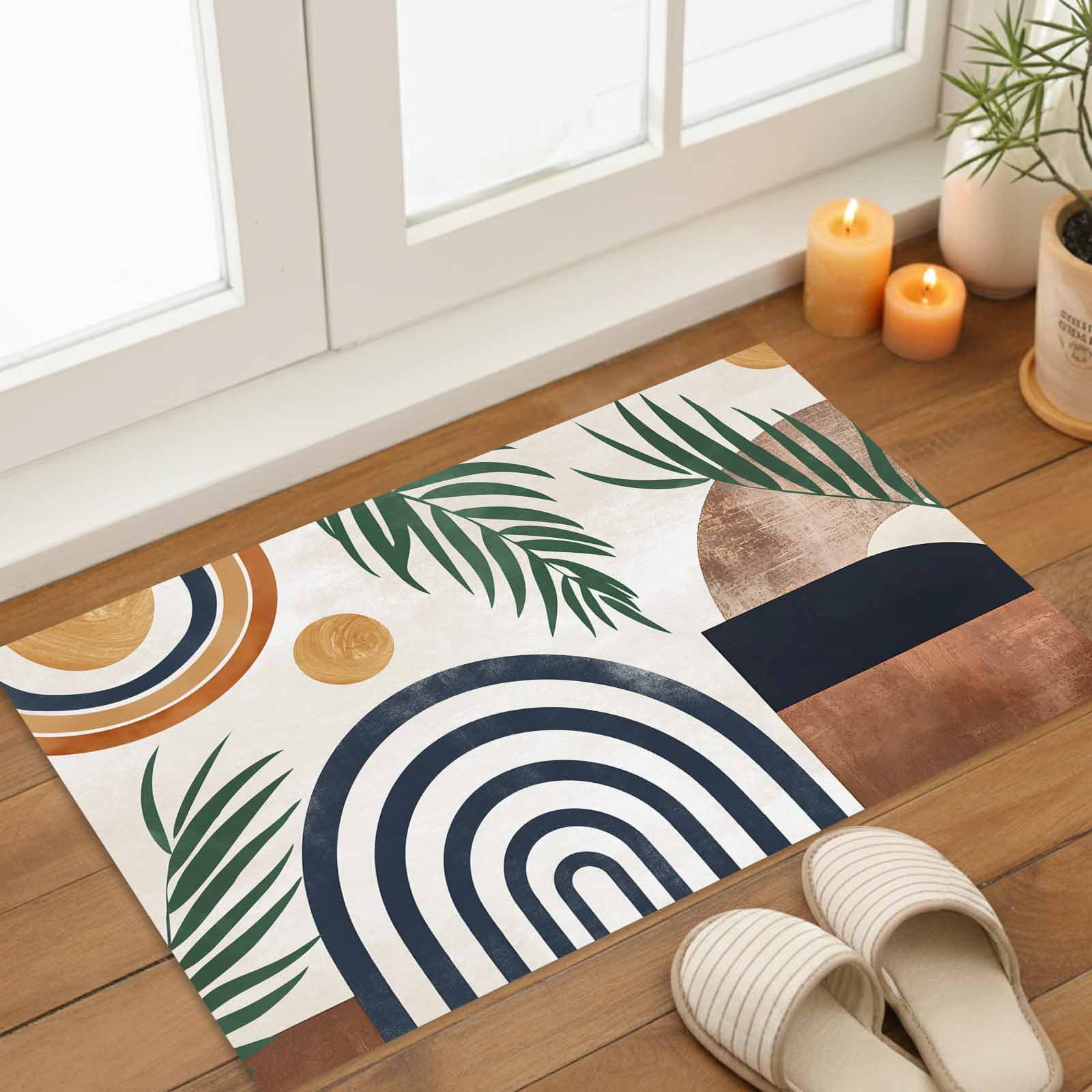 Boho Middle Century Indoor Door Mat - 18"x30", Non-Slip Welcome Mat for Outdoor, Modern Abstract Botanical Geometric Front Doormat for Entry, Low-Profile Doormat Entrance Rug for Kitchen/Bathroom