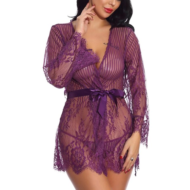 VISgogo Conjunto de dos piezas de lencería para mujer Perspectiva de moda Vestido de manga larga de encaje y tanga de cintura baja VISgogo moda