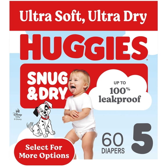 Huggies Snug & Dry Baby Diapers, Size 5 (25-37 lbs), 60 Count (Select for More)