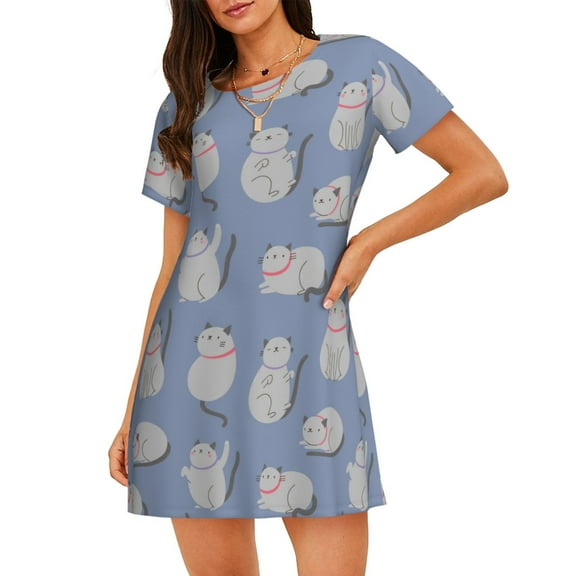Logiee Cute Fat Cat Print Nightgowns for Women,Soft Short-Sleeved Lightweight Sleepwear, Loose Sleepshirts