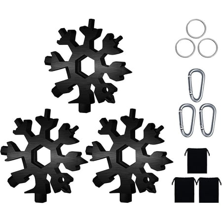 Snowflake Multitool 3 Pcs 18-in-1 Stainless Steel Snowflake Standard Multitool Snowflake Wrench with Key Ring Carabiner Clip and Storage Pouch (Black)
