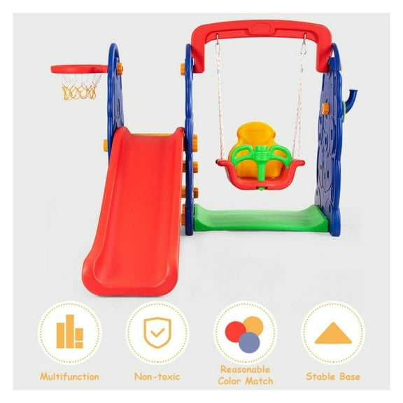 3-in-1 Toddler Climber Slide Swing Set, Junior Freestanding Wave Slide with Basketball Hoop, Indoor Outdoor Playground Equipment for Kids, HDPE Durable Plastic, 66lbs Weight Capacity