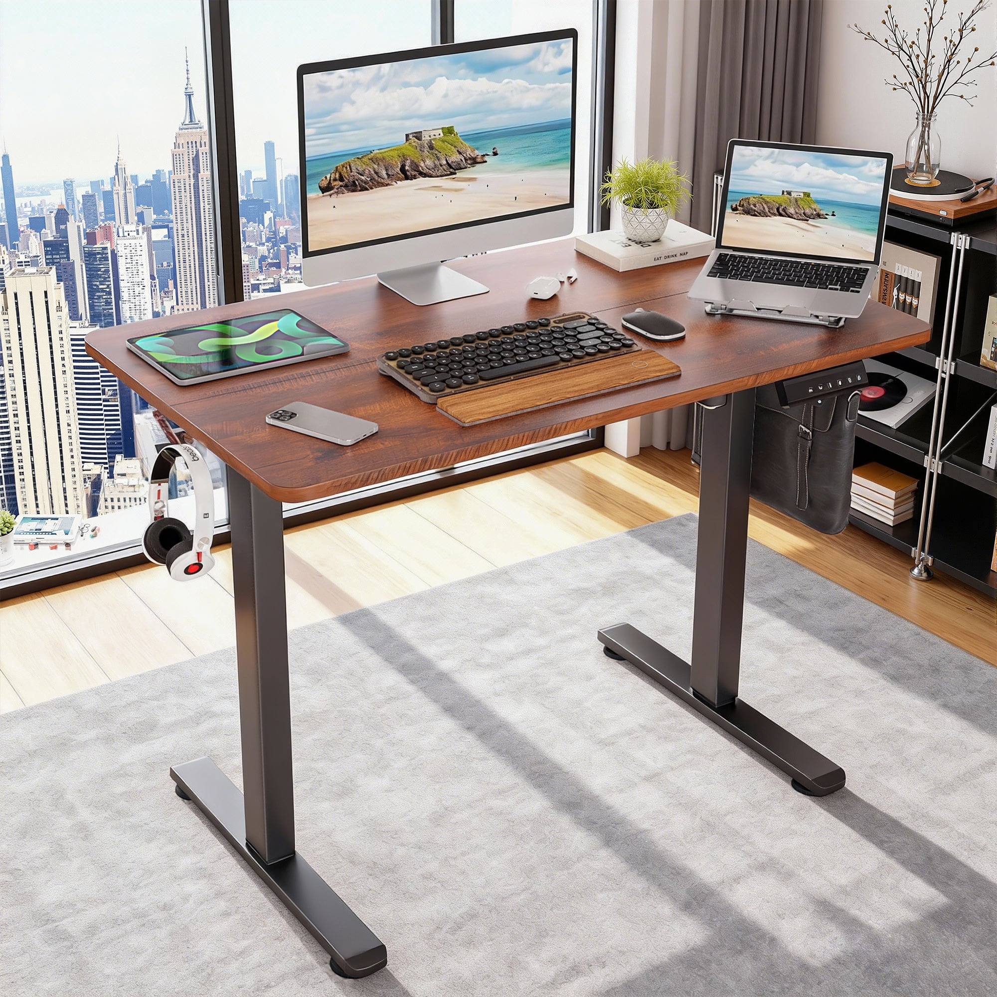 MAYEERTY 40×24" Electric Height-Adjustable Desk, Sit Stand Desk with Side Hooks for Home & Office, Walnut