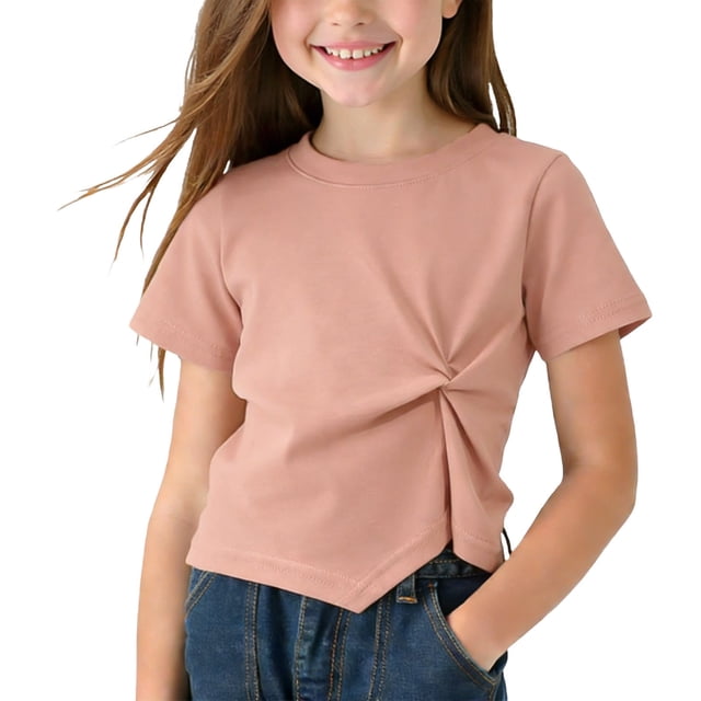 T-Shirt pour Filles à Manches Courtes, Col Rond, en Couleurs Unies, Haut Doux et Respirant 100 % Polyester pour le Printemps et l'Été, Tenue Décontractée