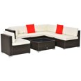 thumbnail image 1 of Outsunny 7 Piece Patio Furniture Set, PE Rattan Outdoor Conversation Set with Sectional Sofa, Glass Tabletop, Cushions and Pillows for Garden, Lawn, Deck, Dark Brown and  Cream, 1 of 10