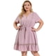 thumbnail image 4 of Women's Plus Size Dress V Neck Lace Insert Half Placket Short Sleeve Tie Waist Ruffle Hem Mini Dress Gray Purple 4X, 4 of 7