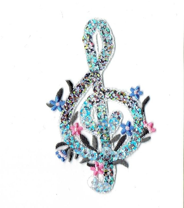 Iron on Applique//Embroidered Patch Music//Note Silver//Sequin Treble G Clef