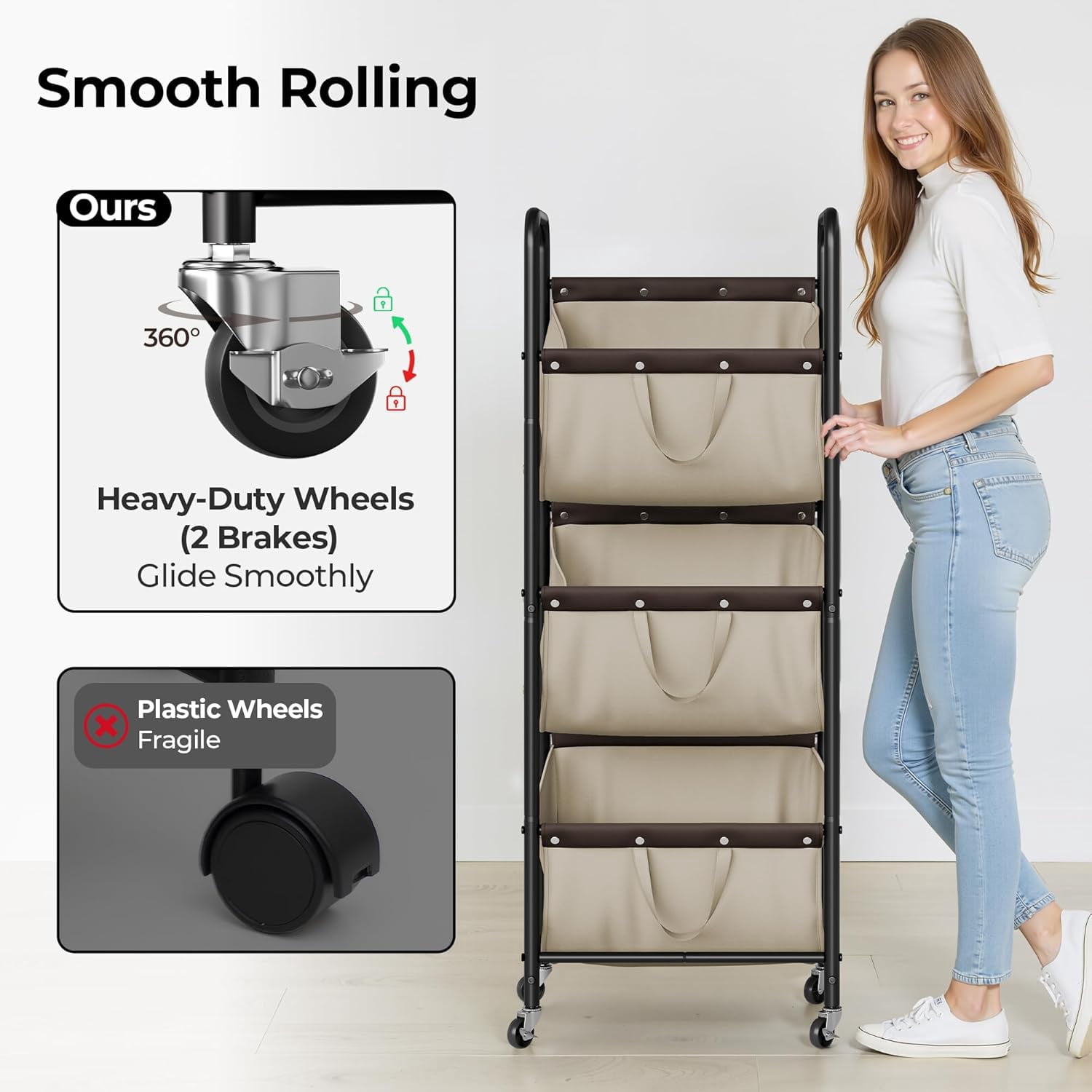 GRANNY SAYS 3-Tier Laundry Basket with Wheels, 120L Rolling Laundry Hamper Sorter, Metal Frame Laundry Organizer, 3 Bin Removable Bags, Light Khaki