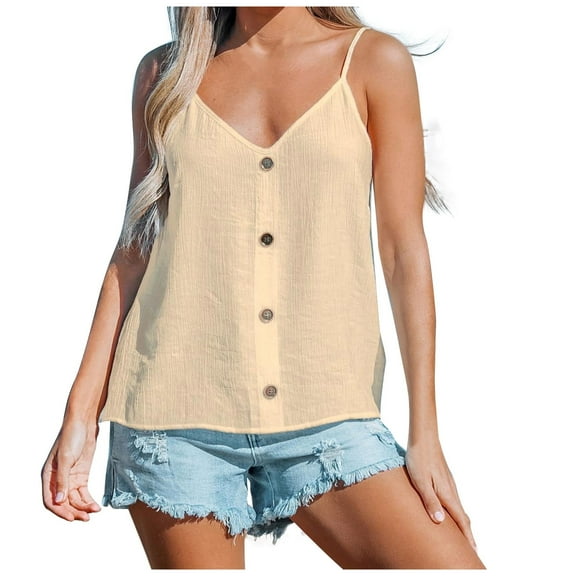 Scyoekwg Womens Tops Camisole Basic Sling V-Neck Button Spaghetti Strap Tank Tops Tank Tops Camisole Loose Sleeveless Summer Solid Color Casual Blouses (Beige,XXL)