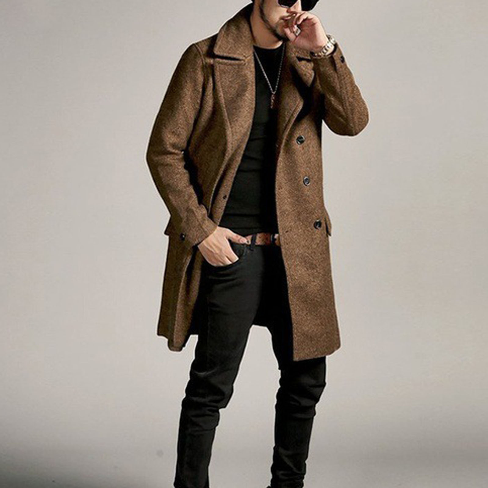 Manteau Long Décontracté Pour Homme - Style Trench/duffle Coat - Laine Coupe-vent, Poches Pratiques - Automne/Hiver