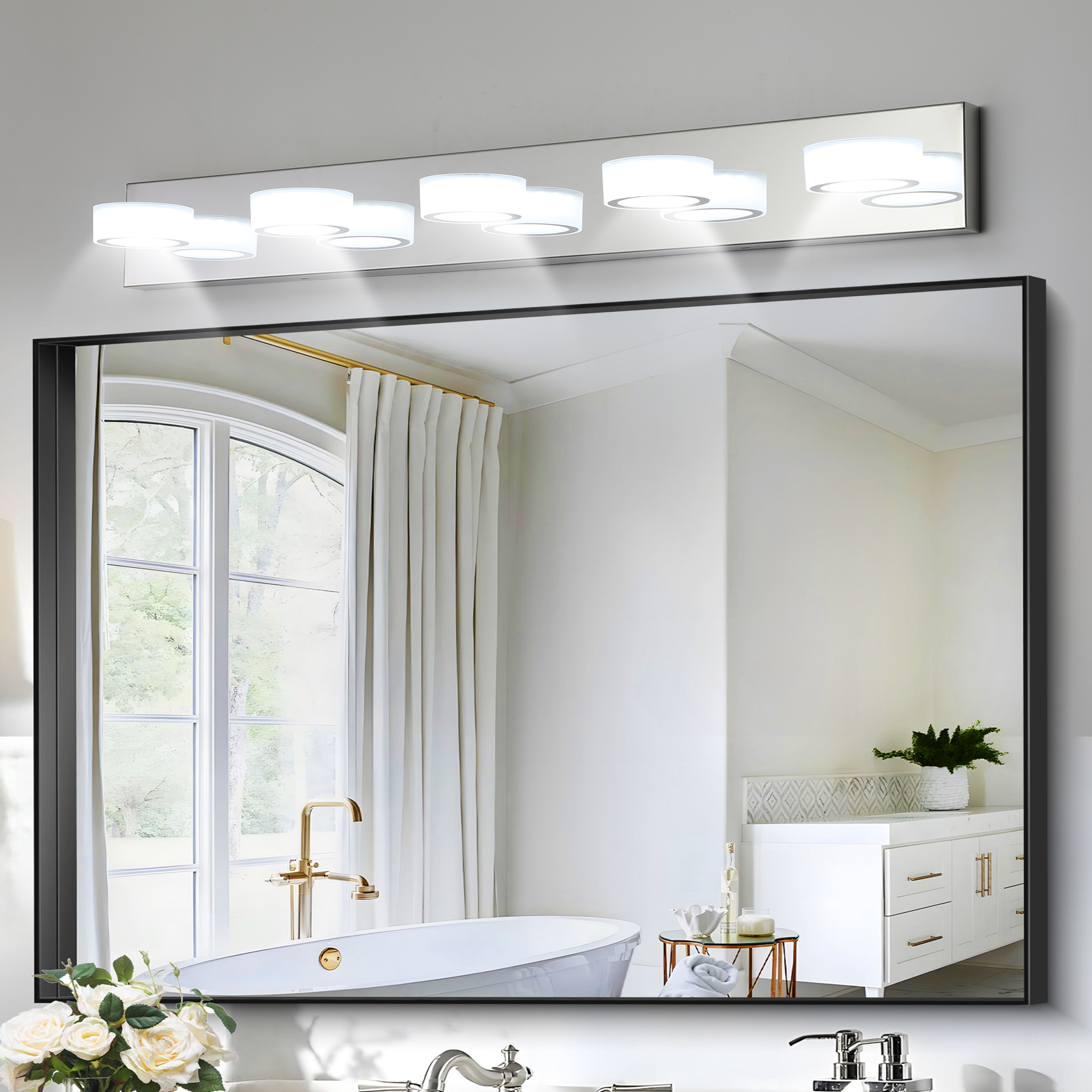 Leumius Modern 5-Light LED Vanity Light Fixture, Chrome Finish with Acrylic Light Shades, Energy-Efficient Bathroom Wall Sconce, Dimmable for Mirror, Shower and Bathroom Decor
