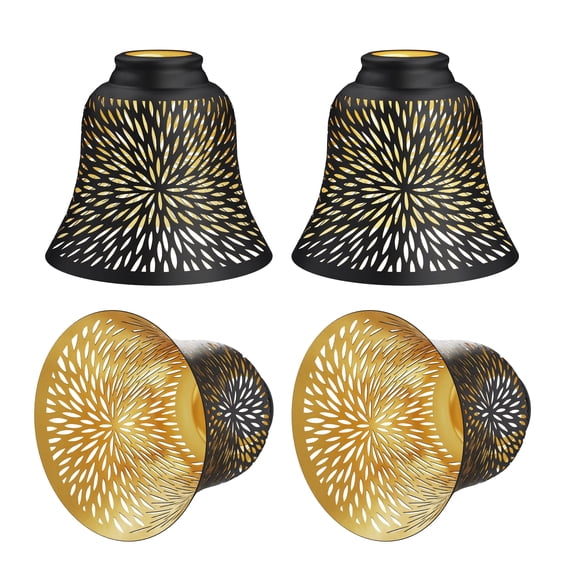 4 Pack Fan Light Cover, AEELLEEA Pendant Lamp Shades, Ceiling Fan Light Shade with 2.28" Fitter, 5.12" High 6" Diameter,Metal Daisy Etched Light Covers r,Black Gold