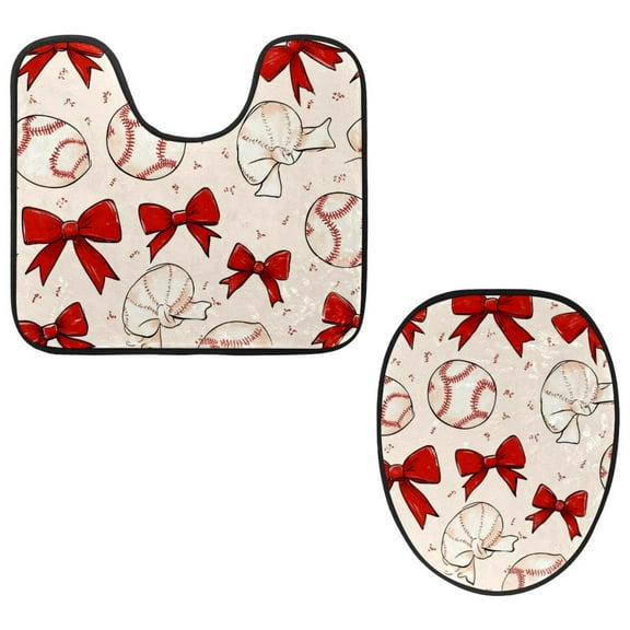 PhooArto Toilet Lid Cover and U-Shaped Toilet Floor Mat Set of 2 Pieces, Vintage Baseball Bows Toilet Mat Set, Machine Washable Seat Covers Non-Slip Absorbent Rugs
