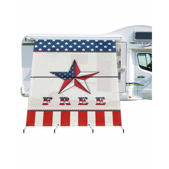 4th of July RV Awning Sun Shade Screen 9'X7' American Star Flag Mesh Sunscreen Red White Stripe Awning Shade Screen with Zipper UV Blocker Completed Kits for RV Motorhome Camper Travel