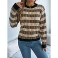 thumbnail image 2 of Women'S 2025 Fall Winter Color Block Striped Sweater Crew Neck Sweaters Casual Loose Knit Sweater Black S, 2 of 7