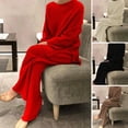 thumbnail image 2 of comerut 2 Pcs/Set Women Sweater Pants Set Knitted Stretchy Round Neck Loose Wide Leg Elastic Waist Thick Soft Warm Homewear Sleepwear Lady Winter Fall Pajamas Set, 2 of 8