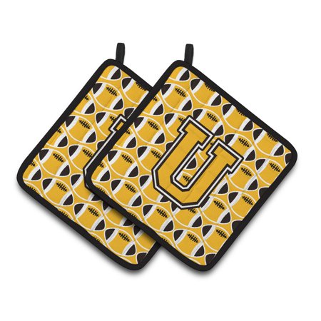 Letter U Football Black  Old Gold and White Pair of Pot Holders
