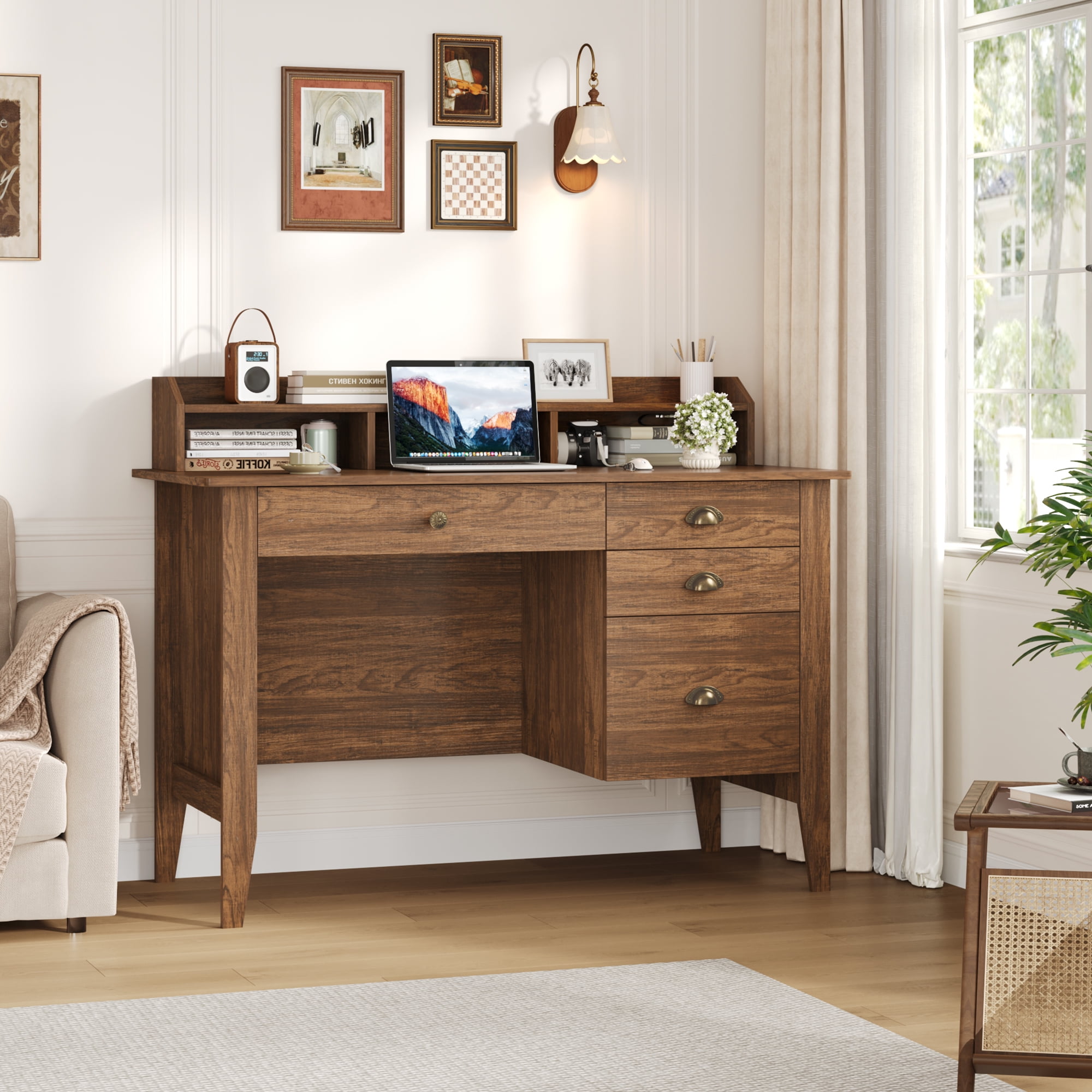 Homfa 47 in Computer Desk, Home Office Writing Table with 4 Drawers & Hutch Shelf, Rustic Brown