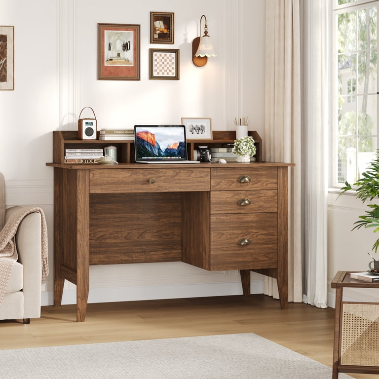 Homfa 47" Computer Desk with Drawers & Hutch, Rustic Brown photo 5