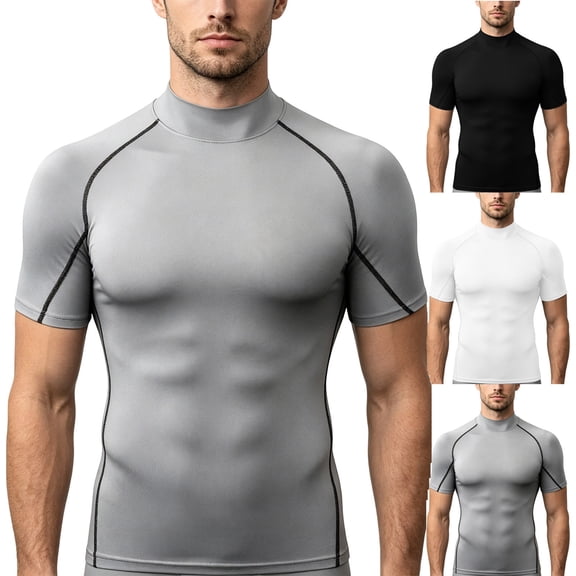 Yaoyar Mens Mock Neck Compression Tee, Short Sleeve Slim Fit Breathable Athletic Workout Base Layer Shirts