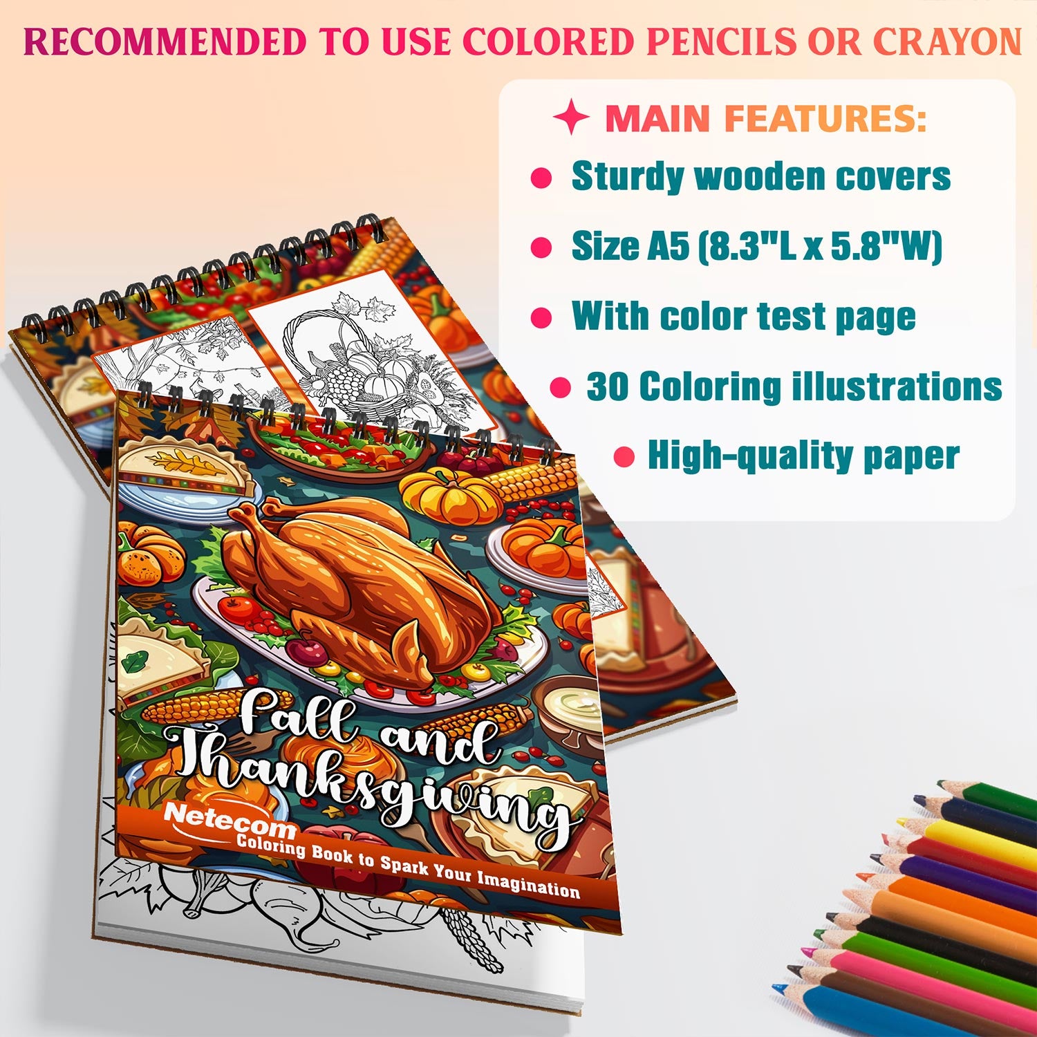 Netecom Fall and Thanksgiving Coloring Book Spiral Bound for Adults, A5 Wooden Cover, 30 Autumn Coloring Pages of Thanksgiving Holiday for Stress Relief and Relaxation