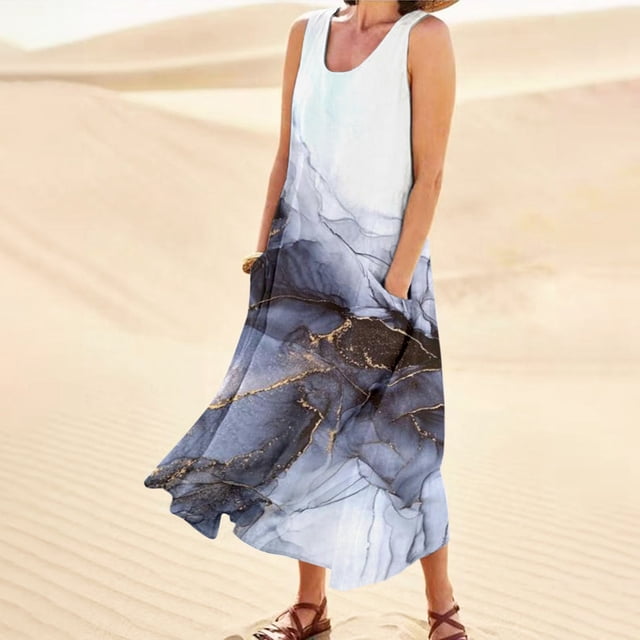 WILLBEST Robe Évasée Femme Imprimée Col Rond Poches Décontractée Longue Robe Quotidienne Débardeur