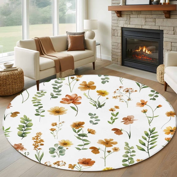 Round Area Rugs Collection 8 Ft, Yellow Spring Floral Non-Slip Residential Carpet, Flowers Leaves Elegant Pastoral Indoor Crawling Mats Runner Rugs for Living Room/Dining Room/Bedroom