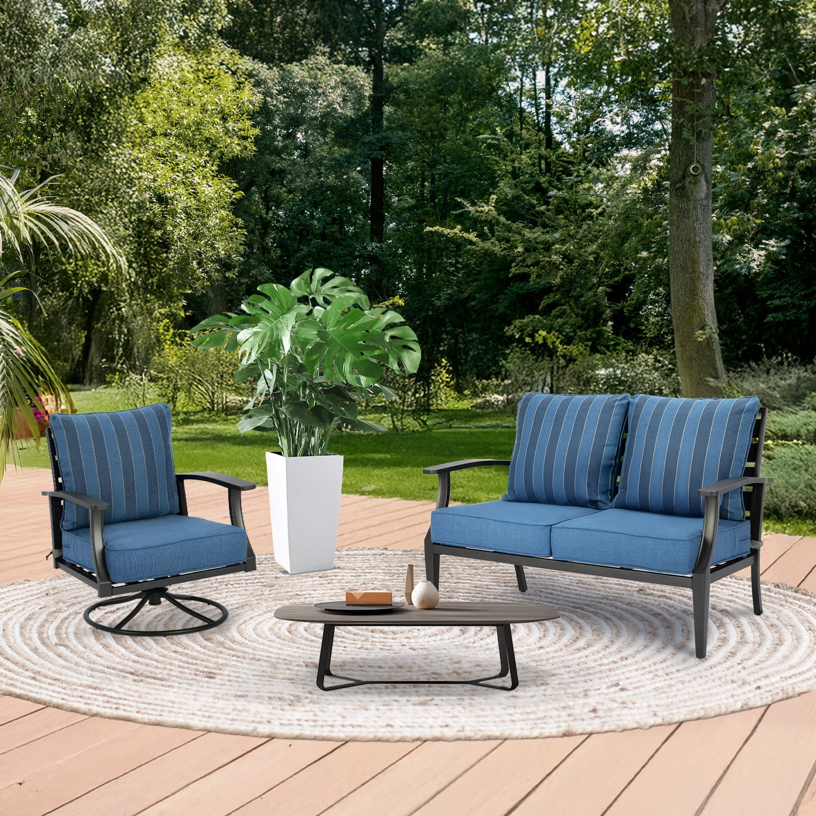 BPS 24x24x5 inch Outdoor Deep Seat Cushion, Water-Resistant Patio Furniture Cushions for Outdoor Chairs, Sofa, Couch, 2-Piece, Blue Striped