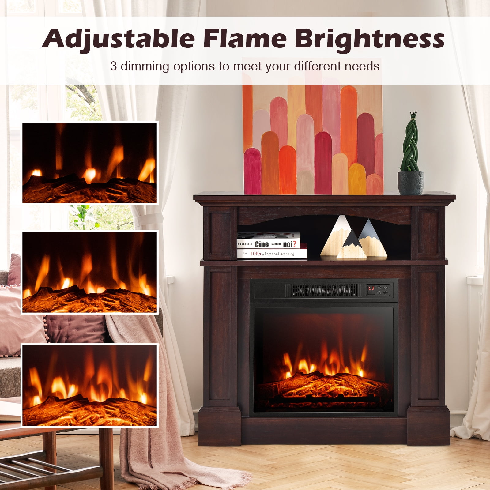 Topbuy 32" Electric Fireplace with Mantel 1400W Freestanding Heater with Remote Control & Adjustable Brightness Brown