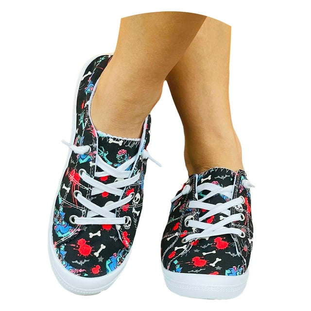 Dakaela Espadrilles en Toile d'Halloween pour Femmes 2025 à Tige Basse pour la Course et la Marche, à Lacets, à Enfiler, Ballerines Mocassins