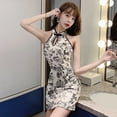 thumbnail image 6 of SAYOO Chinese Style Cheongsam for Women, Floral Pattern Long Dresses V-Neck Tie-Up Summer Midi Dress, 6 of 7
