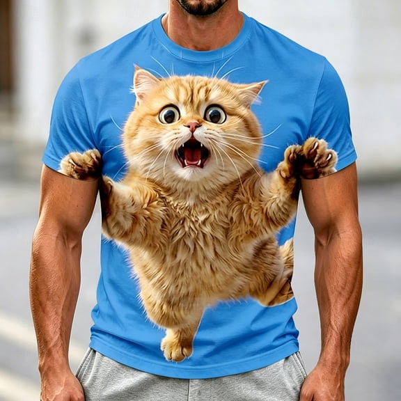 Men's 3D Funny Orange Cat Graphic T-Shirt Novelty Short Sleeve Crewneck Tees Casual Summer Tops Animal Print Streetwear Vacation Party Shirts Graphic Tee