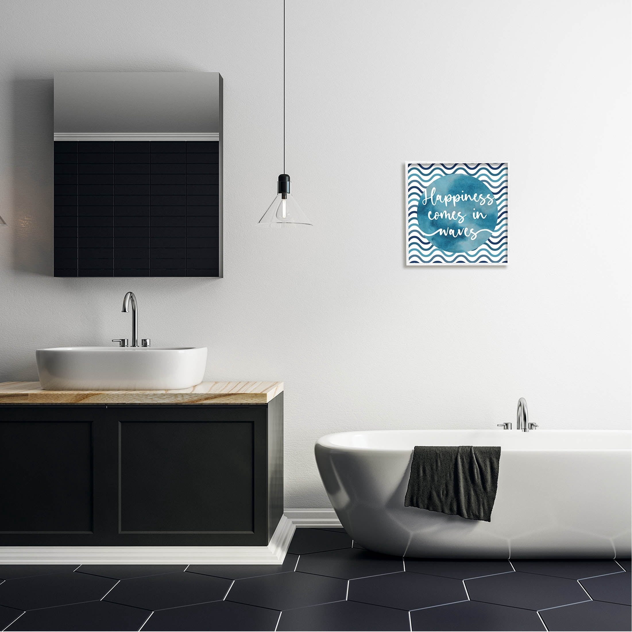 Stupell Industries Happiness Comes In Waves Pattern Graphic Art White Framed Art Print Wall Art, Design by Linda Birtel
