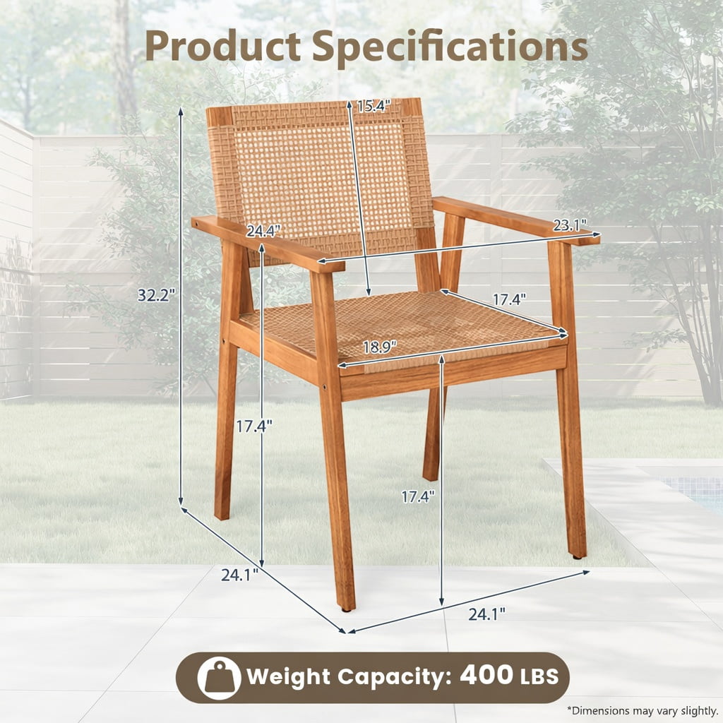 Hommoo 2-Pack Acacia Wood & PE Rattan Outdoor Dining Chairs, Weather-Resistant Patio Chairs with Ergonomic Backrest, Sturdy Armrests, Natural
