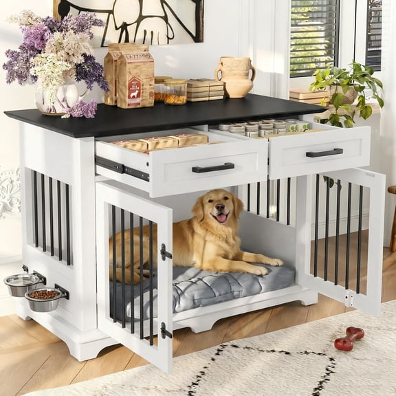 Euroco 44" Large Dog Crate Furniture, Wooden Indoor Dog Kennel End Table with Storage Shelf, 2 Drawers and Rotating Bowls, Dog Crate Cage House for Medium Dogs,White