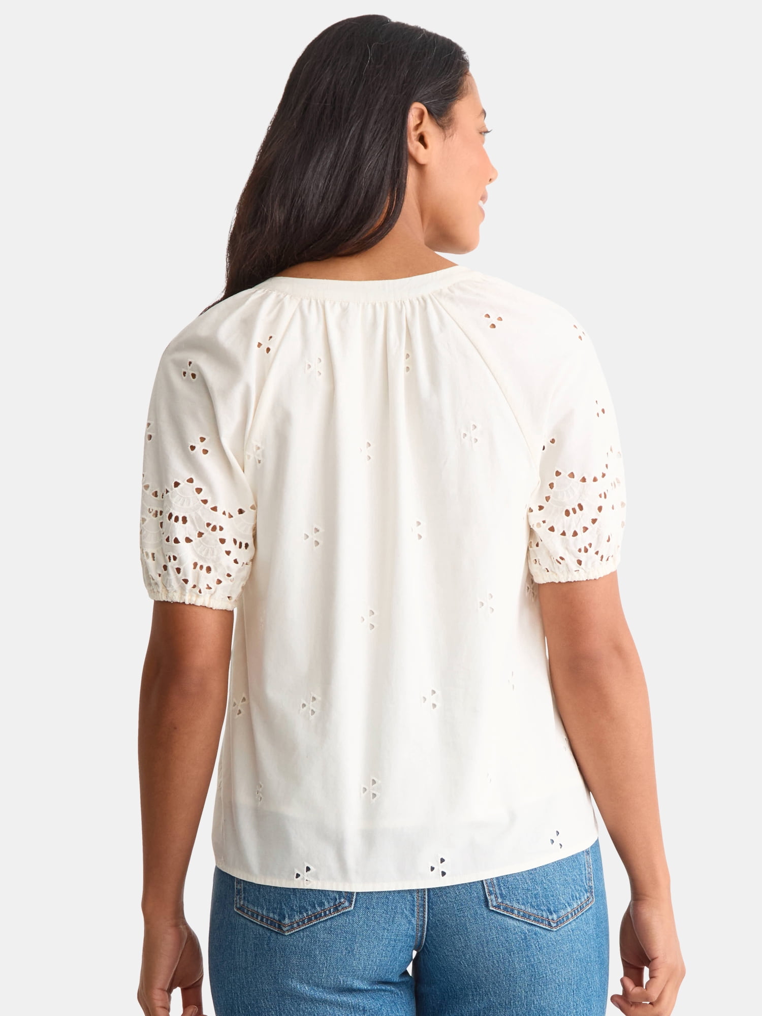 Time and Tru Women's Eyelet Top with Puff Sleeves, Sizes XS-XXXL