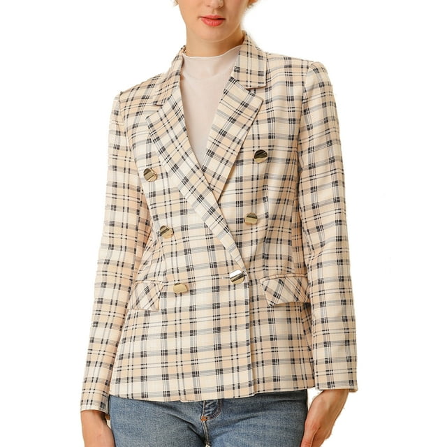 INSPIRE CHIC Vestes Blazer à Carreaux à Double Boutonnage à Revers Cranté pour Femmes