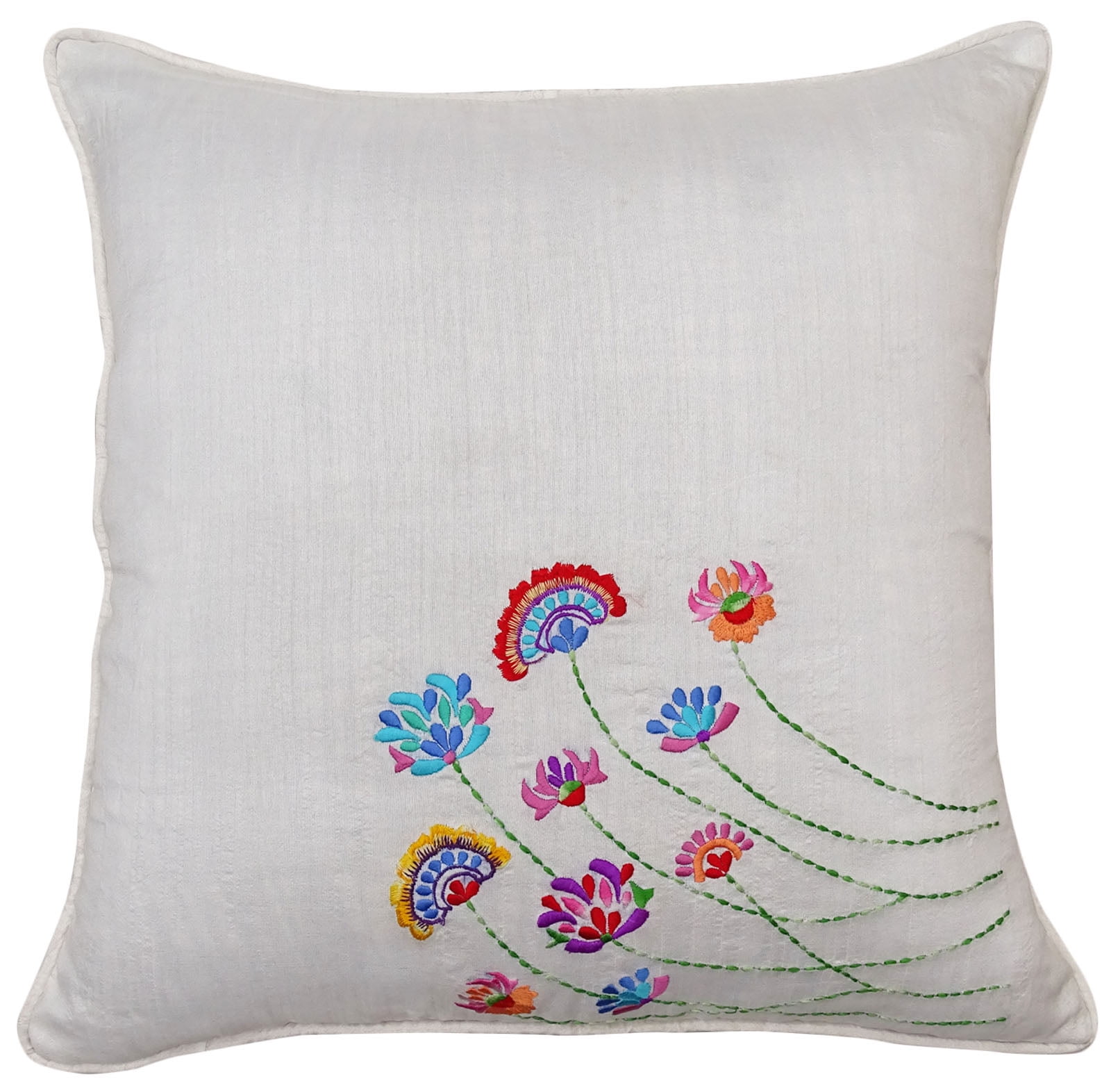 Floral Embroidered White Cushion Cover Decorative Throw Poly Dupion Pillow Case 