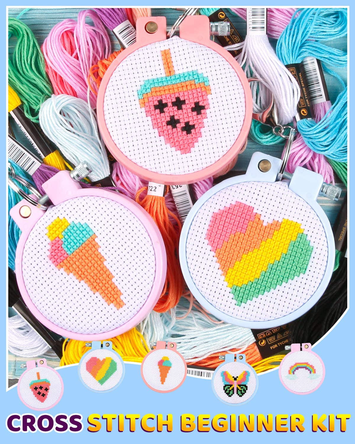  Pllieay Cross Stitch Beginner Kit for Kids 7-13, Includes 6pcs  Project Cross Stitch Pattern and 2pcs Hoops, 12 Skeins, Needle Point  Starter Kit Sewing Set with Instructions